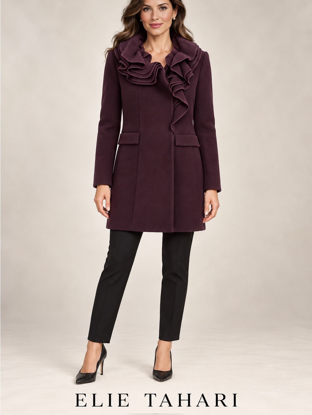 Elie Tahari ruffled coat in Plum